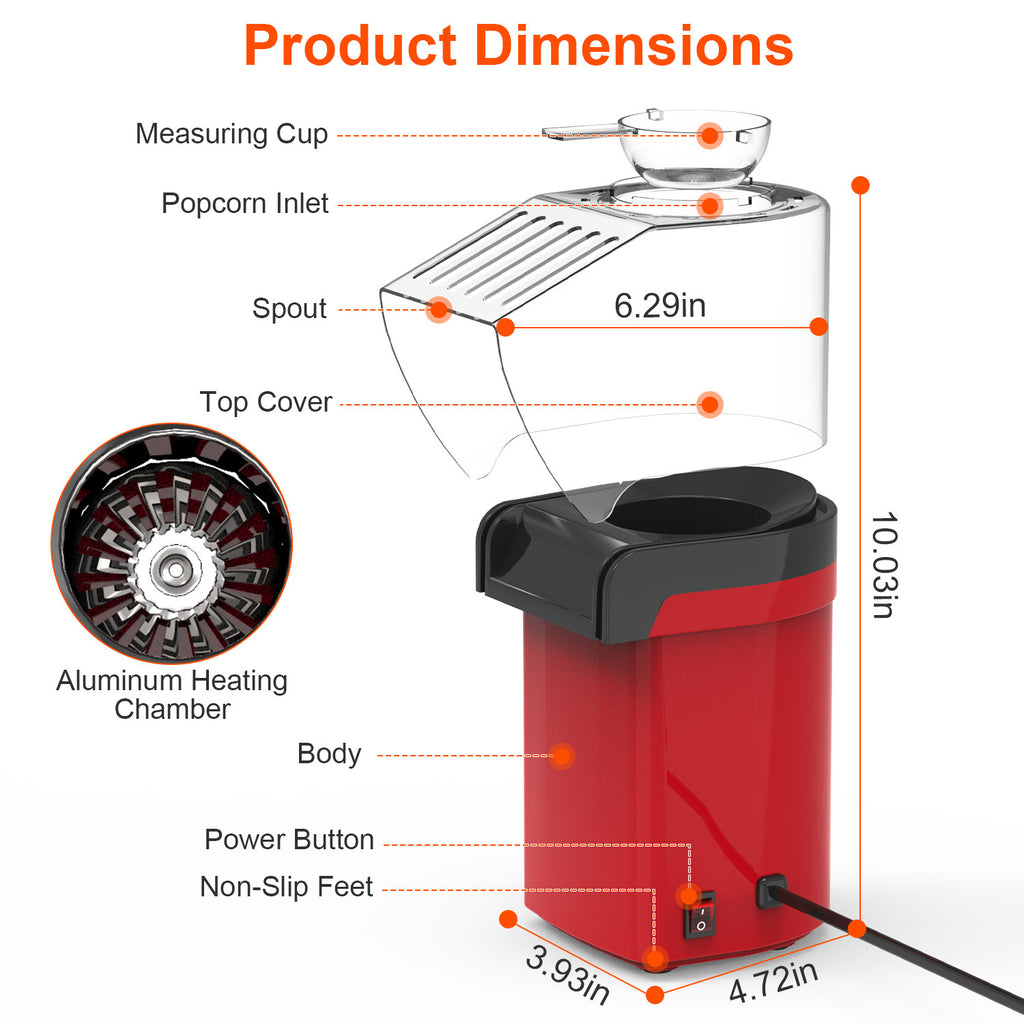 Hot Air Popcorn Popper Maker With Measure Cup And Butter Warmer 1200W Oil-Free Easy To Use 8Cups Mini Popcorn Maker Machine For Home