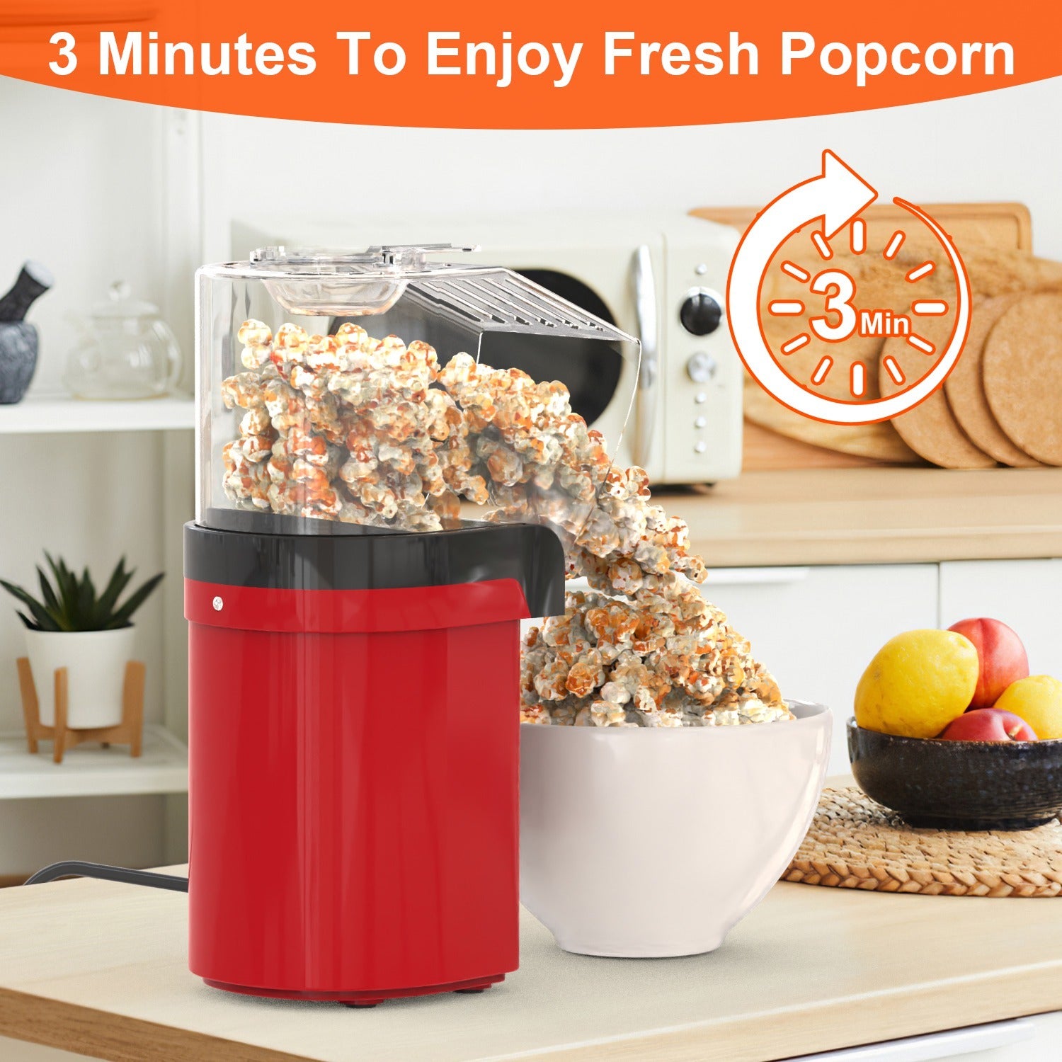 Hot Air Popcorn Popper Maker With Measure Cup And Butter Warmer 1200W Oil-Free Easy To Use 8Cups Mini Popcorn Maker Machine For Home
