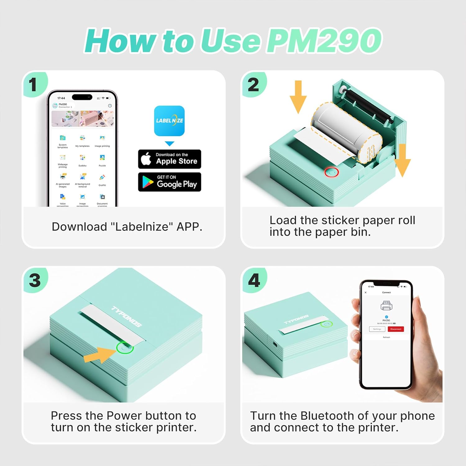 Sticker Printer Mini Printer, Bluetooth Sticker Maker Machine with 3 Rolls Paper, Portable Print Pod for Study Notes, Journal, Lists, Pictures, DIY Gifts for School Office Home, Green