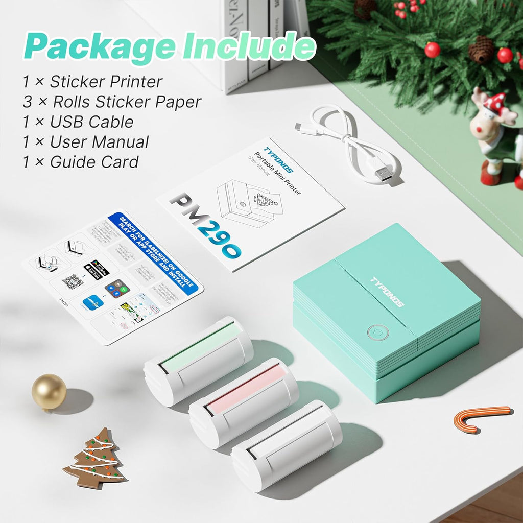 Sticker Printer Mini Printer, Bluetooth Sticker Maker Machine with 3 Rolls Paper, Portable Print Pod for Study Notes, Journal, Lists, Pictures, DIY Gifts for School Office Home, Green
