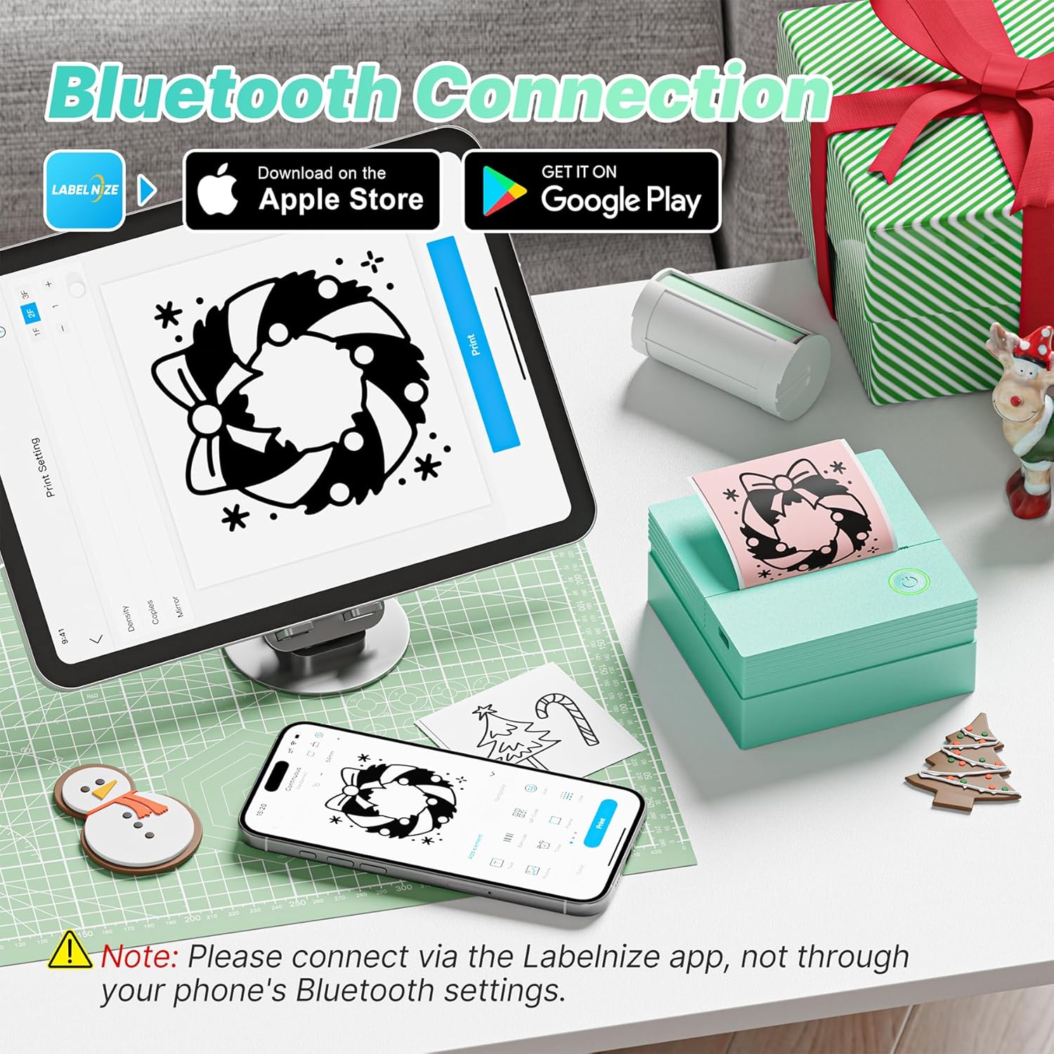 Sticker Printer Mini Printer, Bluetooth Sticker Maker Machine with 3 Rolls Paper, Portable Print Pod for Study Notes, Journal, Lists, Pictures, DIY Gifts for School Office Home, Green