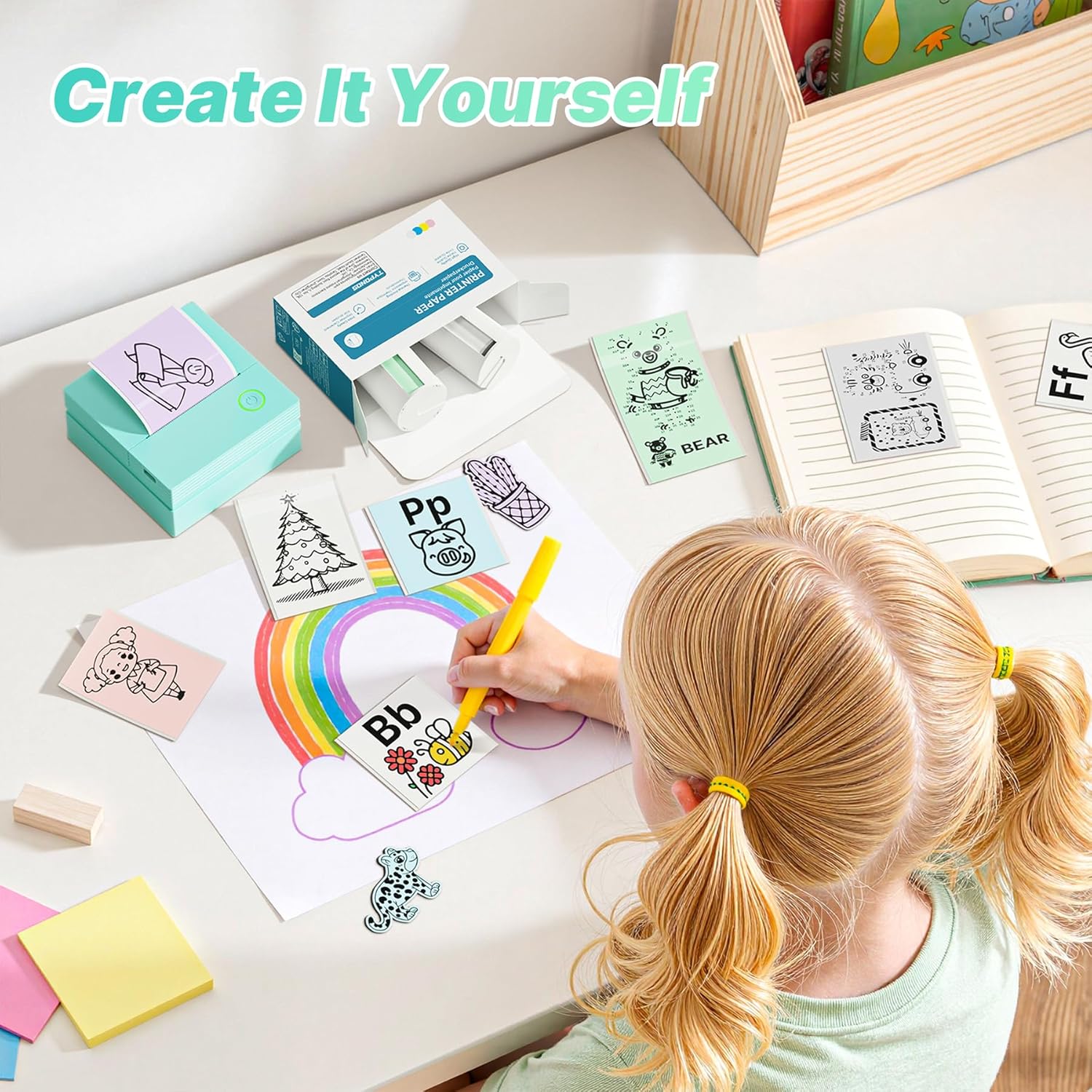 Sticker Printer Mini Printer, Bluetooth Sticker Maker Machine with 3 Rolls Paper, Portable Print Pod for Study Notes, Journal, Lists, Pictures, DIY Gifts for School Office Home, Green