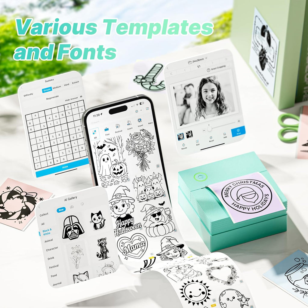 Sticker Printer Mini Printer, Bluetooth Sticker Maker Machine with 3 Rolls Paper, Portable Print Pod for Study Notes, Journal, Lists, Pictures, DIY Gifts for School Office Home, Green