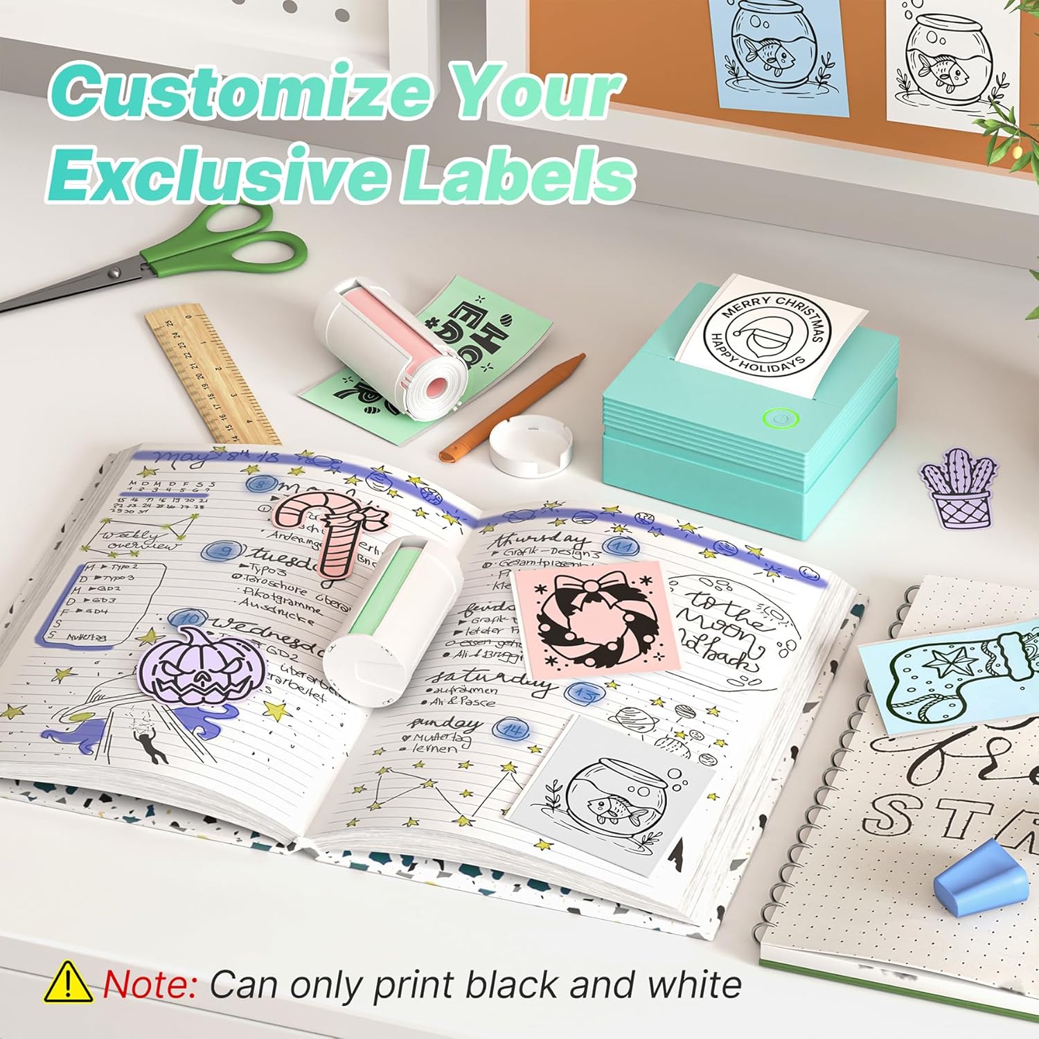 Sticker Printer Mini Printer, Bluetooth Sticker Maker Machine with 3 Rolls Paper, Portable Print Pod for Study Notes, Journal, Lists, Pictures, DIY Gifts for School Office Home, Green