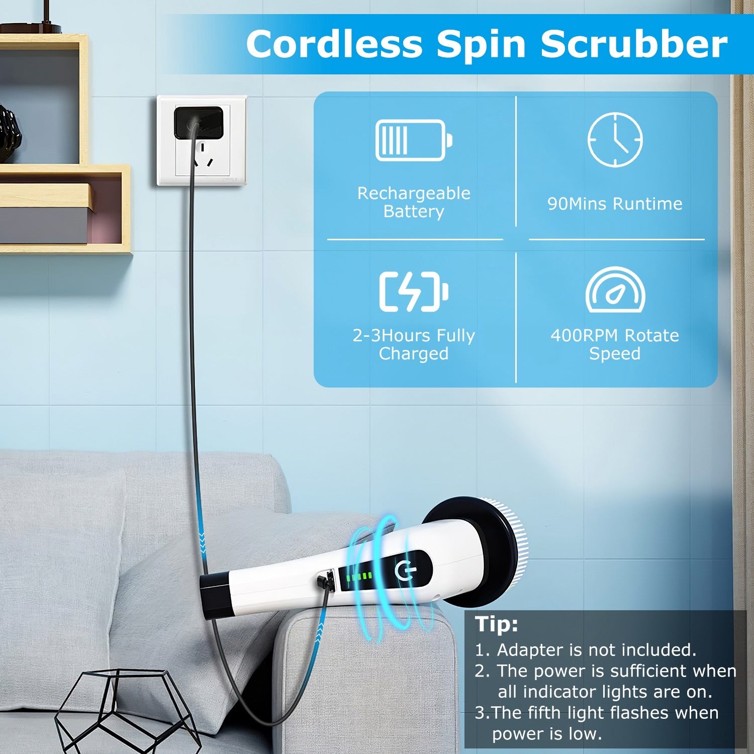 1Pc Electric Spin Scrubber Cordless Rechargeable Telescopic Cleaning Brush 8 Replaceable Heads 2 Speed Adjustable Extension Arm Bathroom Tub Tile Floor