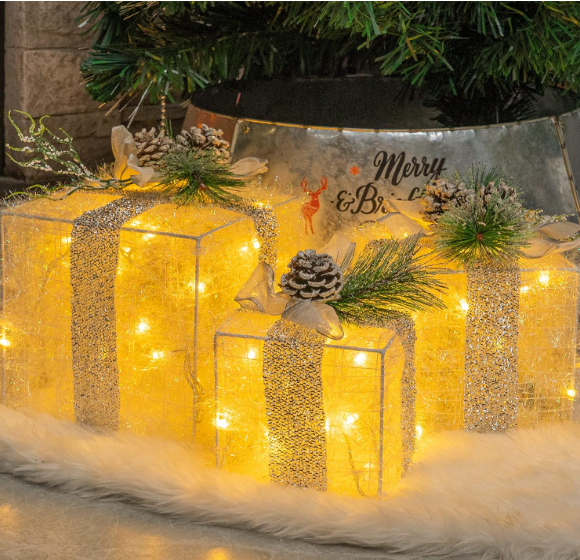 Hourleey Set of 3 Christmas Lighted Gift Boxes, Pre-lit 60 LED Light Up Present Boxes Ornament Outdoor Warm White Tinsel Boxes Decoration for Indoor Christmas Home Yard Lawn Decor