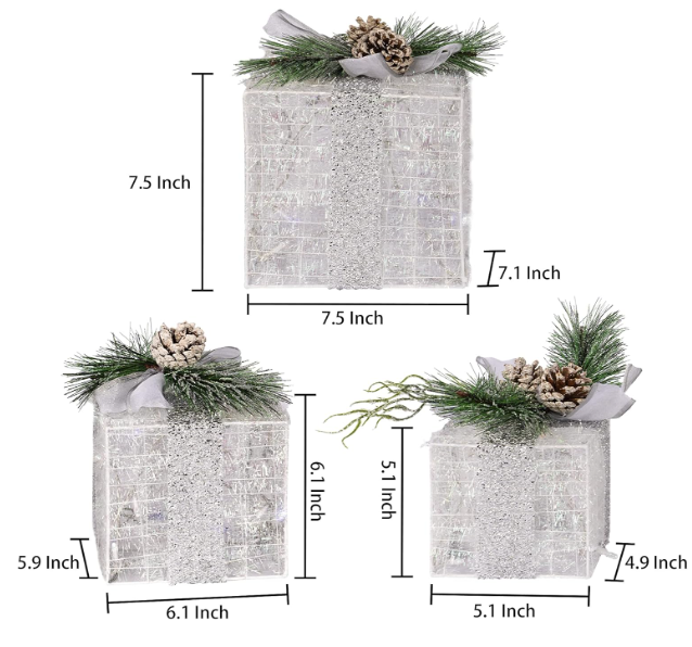 Hourleey Set of 3 Christmas Lighted Gift Boxes, Pre-lit 60 LED Light Up Present Boxes Ornament Outdoor Warm White Tinsel Boxes Decoration for Indoor Christmas Home Yard Lawn Decor