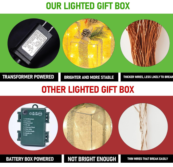 Hourleey Set of 3 Christmas Lighted Gift Boxes, Pre-lit 60 LED Light Up Present Boxes Ornament Outdoor Warm White Tinsel Boxes Decoration for Indoor Christmas Home Yard Lawn Decor