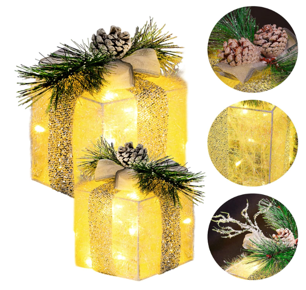 Hourleey Set of 3 Christmas Lighted Gift Boxes, Pre-lit 60 LED Light Up Present Boxes Ornament Outdoor Warm White Tinsel Boxes Decoration for Indoor Christmas Home Yard Lawn Decor