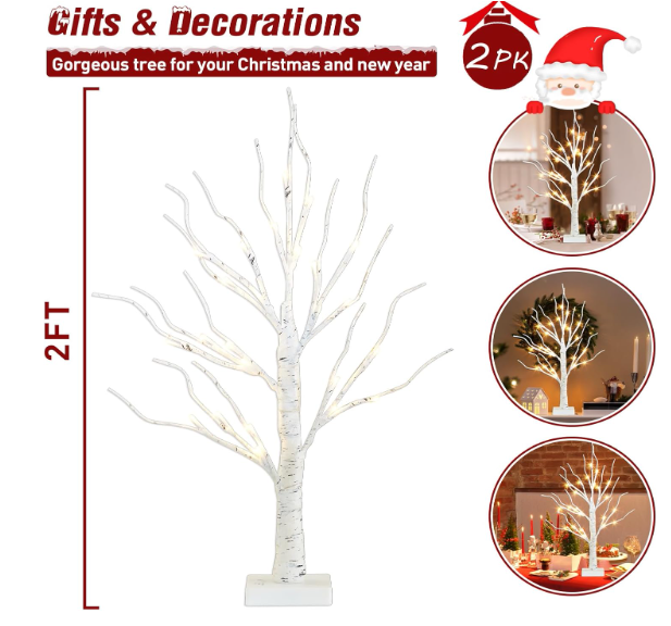 PEIDUO Christmas Decorations Indoor, 2 FT Birch Tree with LED Lights, Fairy Light Spirit Tree for Christmas Decor, Warm White Lighted Birch Trees for Home Decor Indoor, Battery Powered, Timer