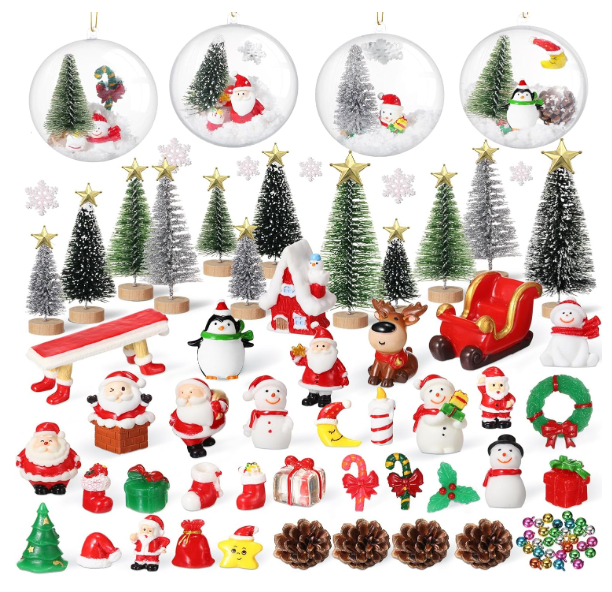 Roowest 96 Pcs Miniature Ornaments for Snow Globe Kit DIY Christmas Village Decoration Christmas Figurines Mini Ornaments with Snowman Reindeer Santa Claus Snowflake(Dark Green Light Green Silver)