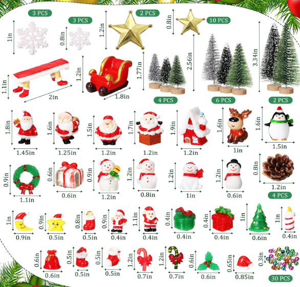 Roowest 96 Pcs Miniature Ornaments for Snow Globe Kit DIY Christmas Village Decoration Christmas Figurines Mini Ornaments with Snowman Reindeer Santa Claus Snowflake(Dark Green Light Green Silver)