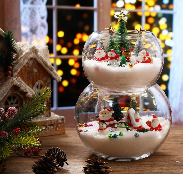 Roowest 96 Pcs Miniature Ornaments for Snow Globe Kit DIY Christmas Village Decoration Christmas Figurines Mini Ornaments with Snowman Reindeer Santa Claus Snowflake(Dark Green Light Green Silver)