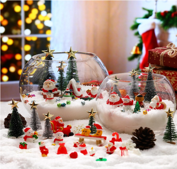 Roowest 96 Pcs Miniature Ornaments for Snow Globe Kit DIY Christmas Village Decoration Christmas Figurines Mini Ornaments with Snowman Reindeer Santa Claus Snowflake(Dark Green Light Green Silver)