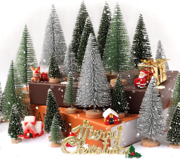30Pcs Christmas Decorations Mini Christmas Trees, Artificial Christmas Tree Bottle Brush Trees with Wooden Base for Christmas Decor Christmas Party Home Table Craft