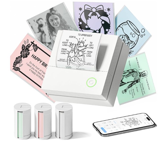 Sticker Printer Mini Printer, Bluetooth Sticker Maker Machine with 3 Rolls Paper, Portable Print Pod for Study Notes, Journal, Lists, Pictures, DIY Gifts for School Office Home, Green