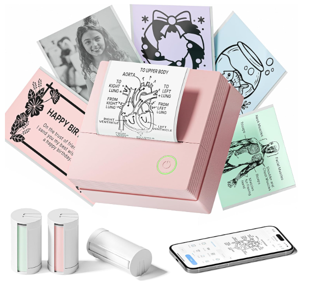 Sticker Printer Mini Printer, Bluetooth Sticker Maker Machine with 3 Rolls Paper, Portable Print Pod for Study Notes, Journal, Lists, Pictures, DIY Gifts for School Office Home, Green