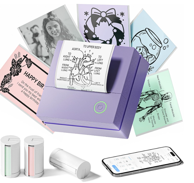 Sticker Printer Mini Printer, Bluetooth Sticker Maker Machine with 3 Rolls Paper, Portable Print Pod for Study Notes, Journal, Lists, Pictures, DIY Gifts for School Office Home, Green